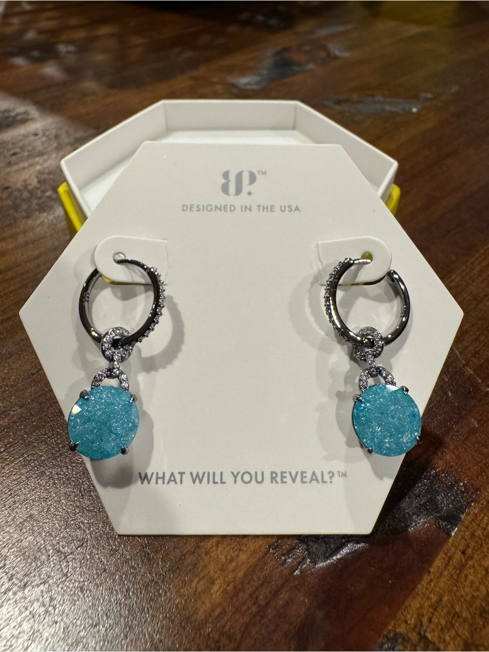 Blue Druzy Hoop Drop Earrings with Pavé Accents